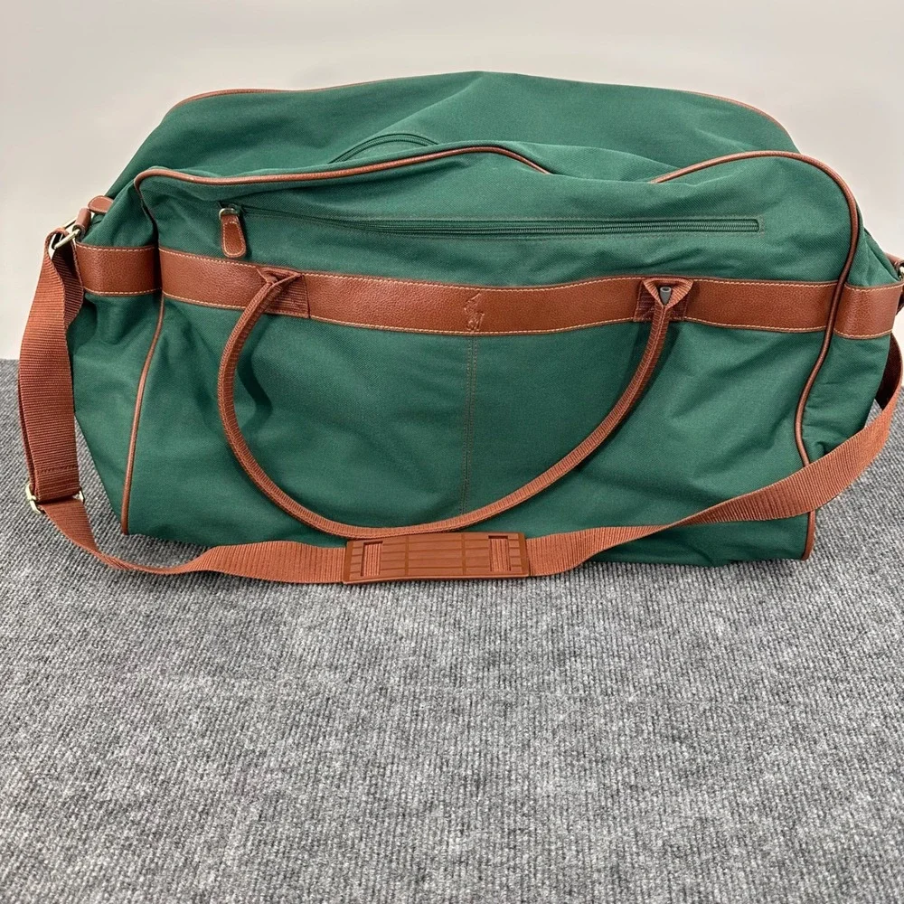 Ralph Lauren Weekender Duffle Bag Large Canvas Faux Leather Green Vintage Travel